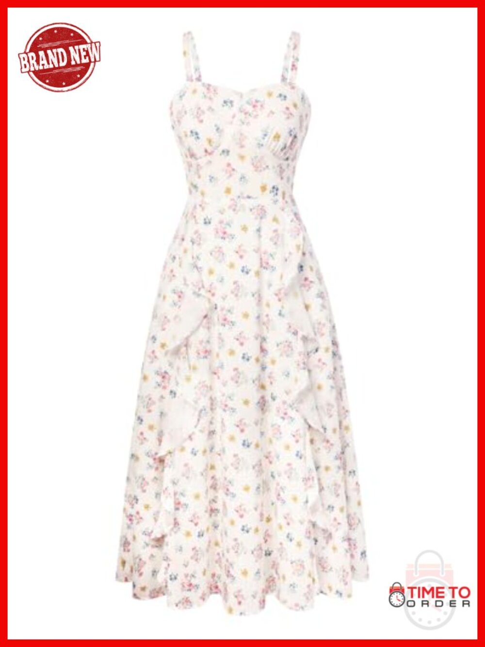Boho Floral Midi Sun Dress Ruffle Empire Waist Sleeveless